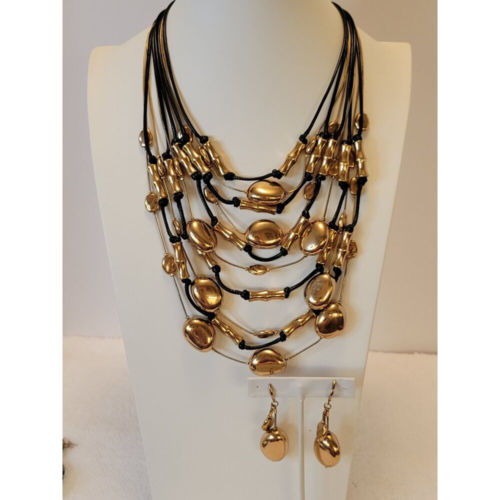 Dell'Olio Multi-Strand Necklace & Earrings Set Gold Tone Stones & Black Cord